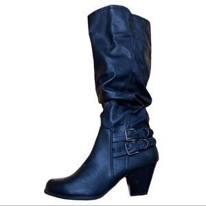 Black Double Buckle Wood Grain Heel Slouchy Tall Boots NEW